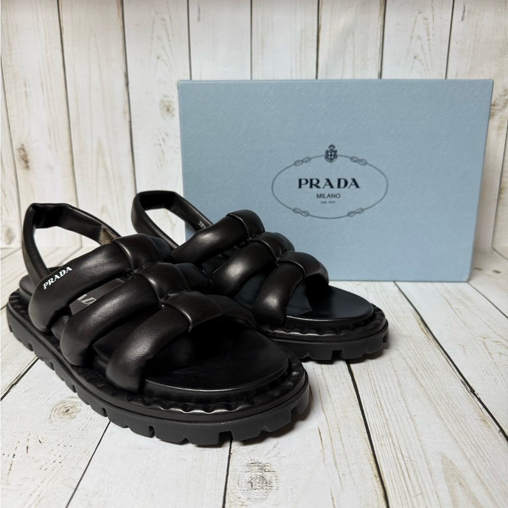 Prada Nappa Leather Padded Blow Slingback Flat Sandals Black Sz 38.5 / 8.5